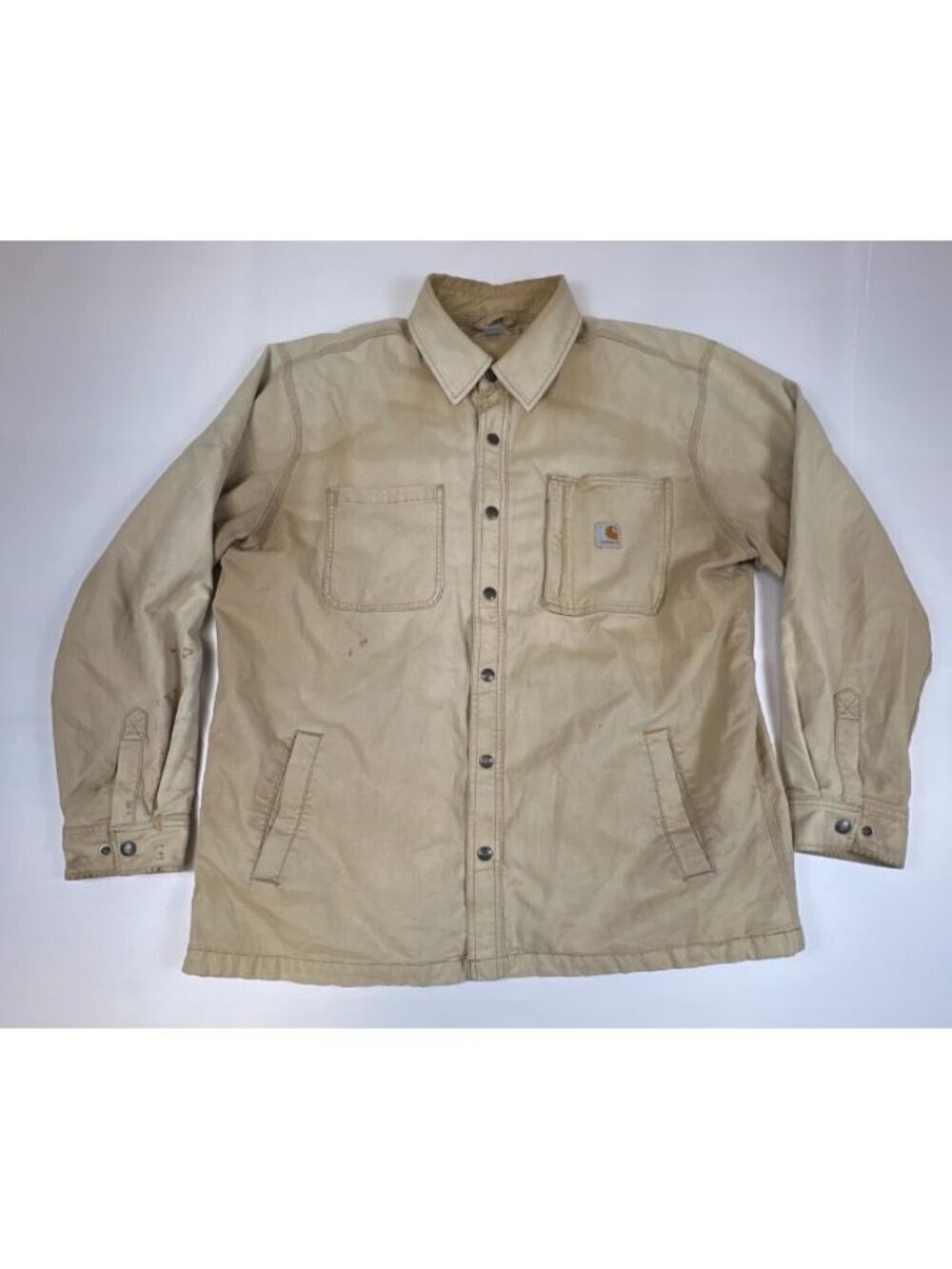 Carhartt Men XL Canvas Chore Shirt Jacket Tan Fleece Lined Distressed